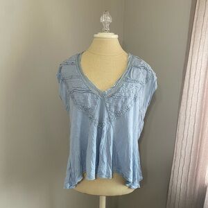 Free People Abigail Sky Blue Lace Women's V-Neck Tee